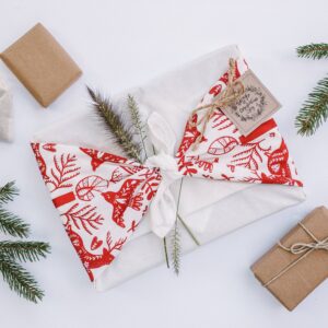 Your Green Kitchen Furoshiki Gift wrap / WInter birds and Deer Red