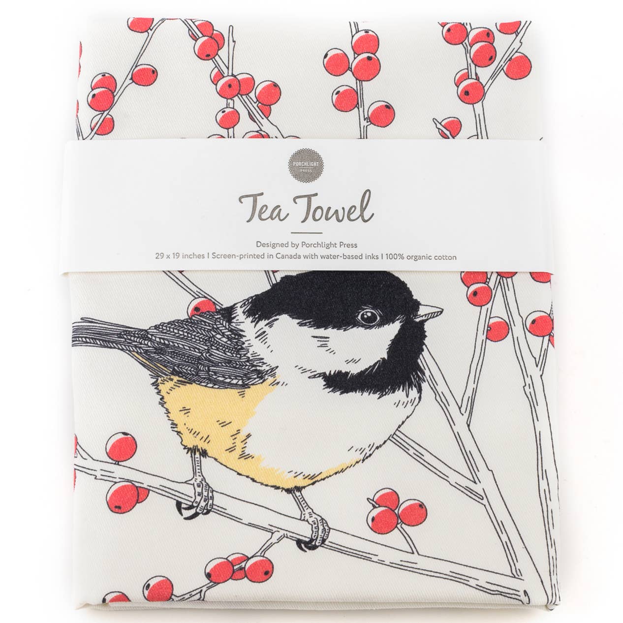 Porchlight Press Letterpress - Tea Towel - Black-capped Chickadee