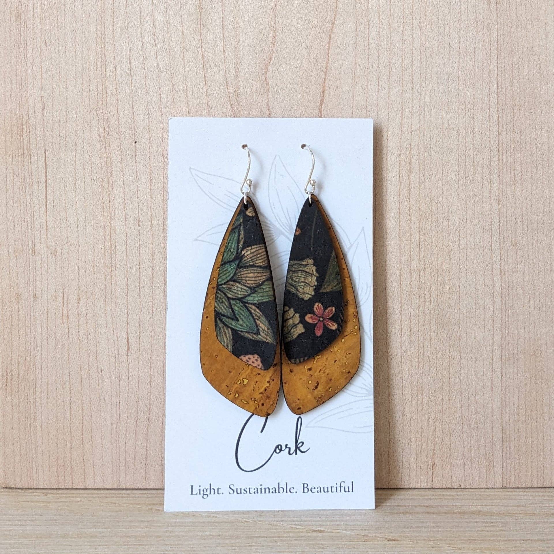 Hello Lovely Cork Co. - Dragonfly Ochre and Floral on Black Cork Earrings