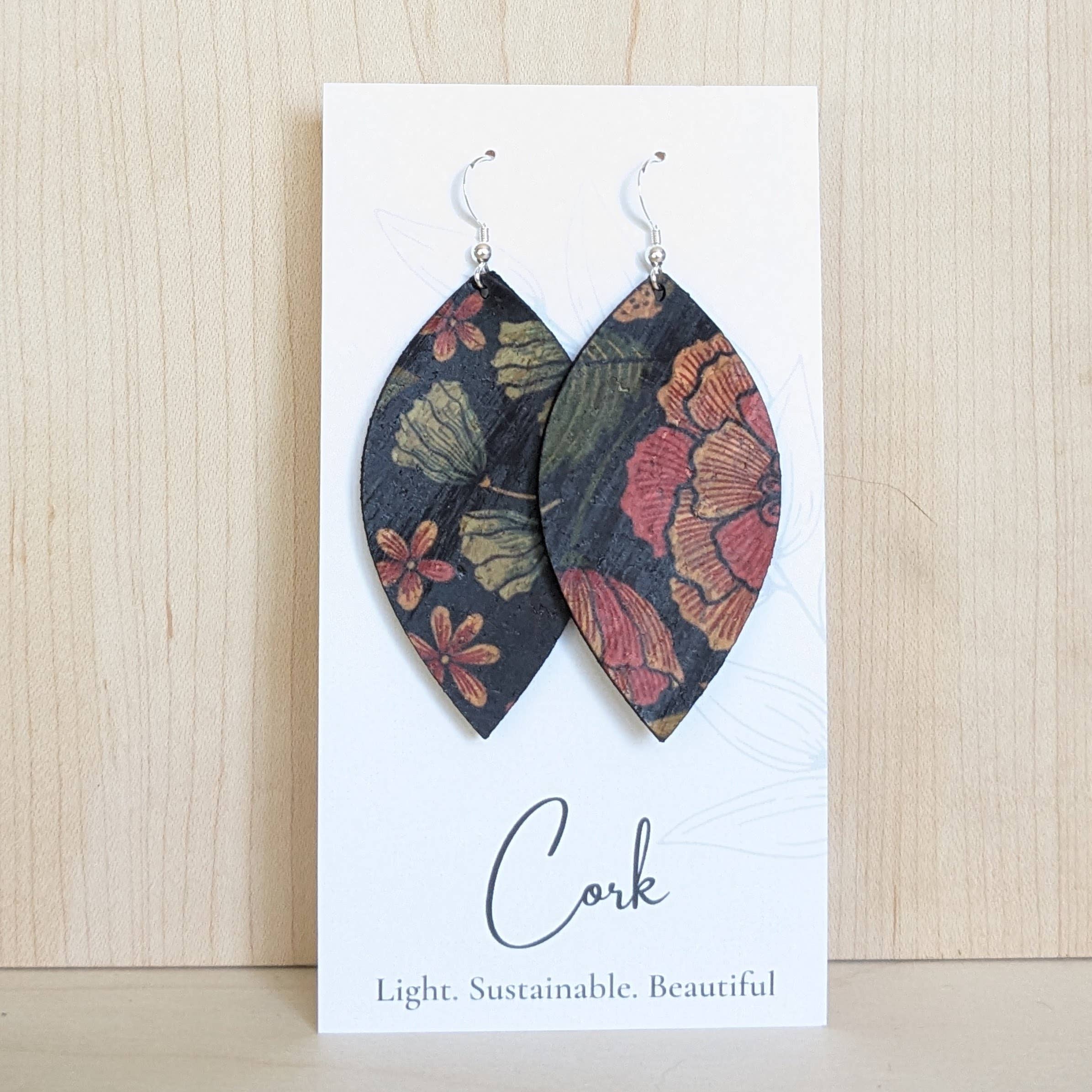 Plum Tree Handmade Goods - Floral on Black Cork Earrings - Leaf