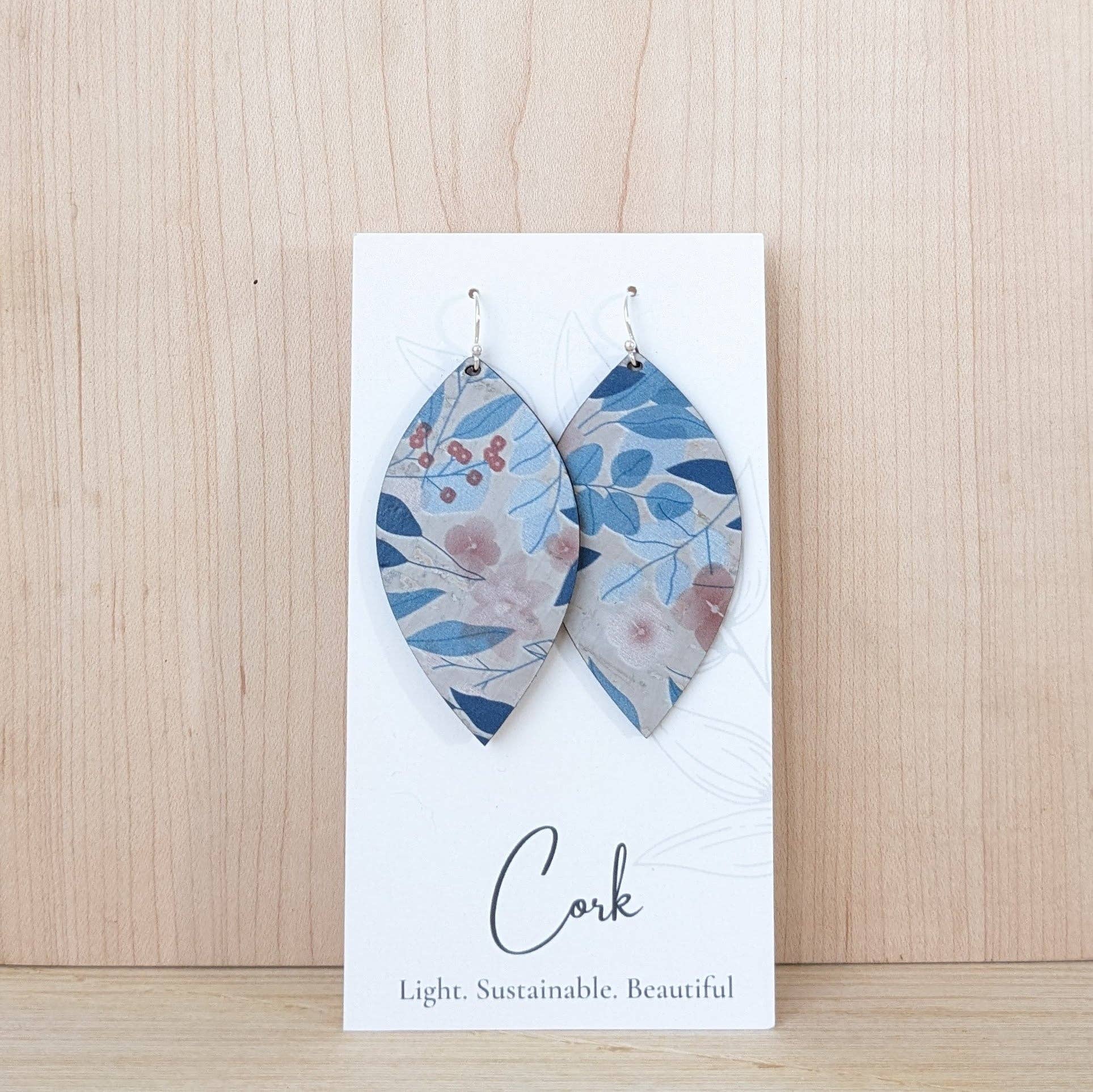 Plum Tree Handmade Goods - Blue Fall Leaves Cork Earrings - Leaf