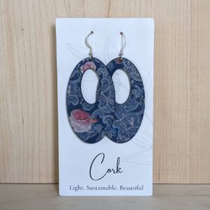 Plum Tree Handmade Goods - Blue with Pink Roses Cork Earrings - Oval
