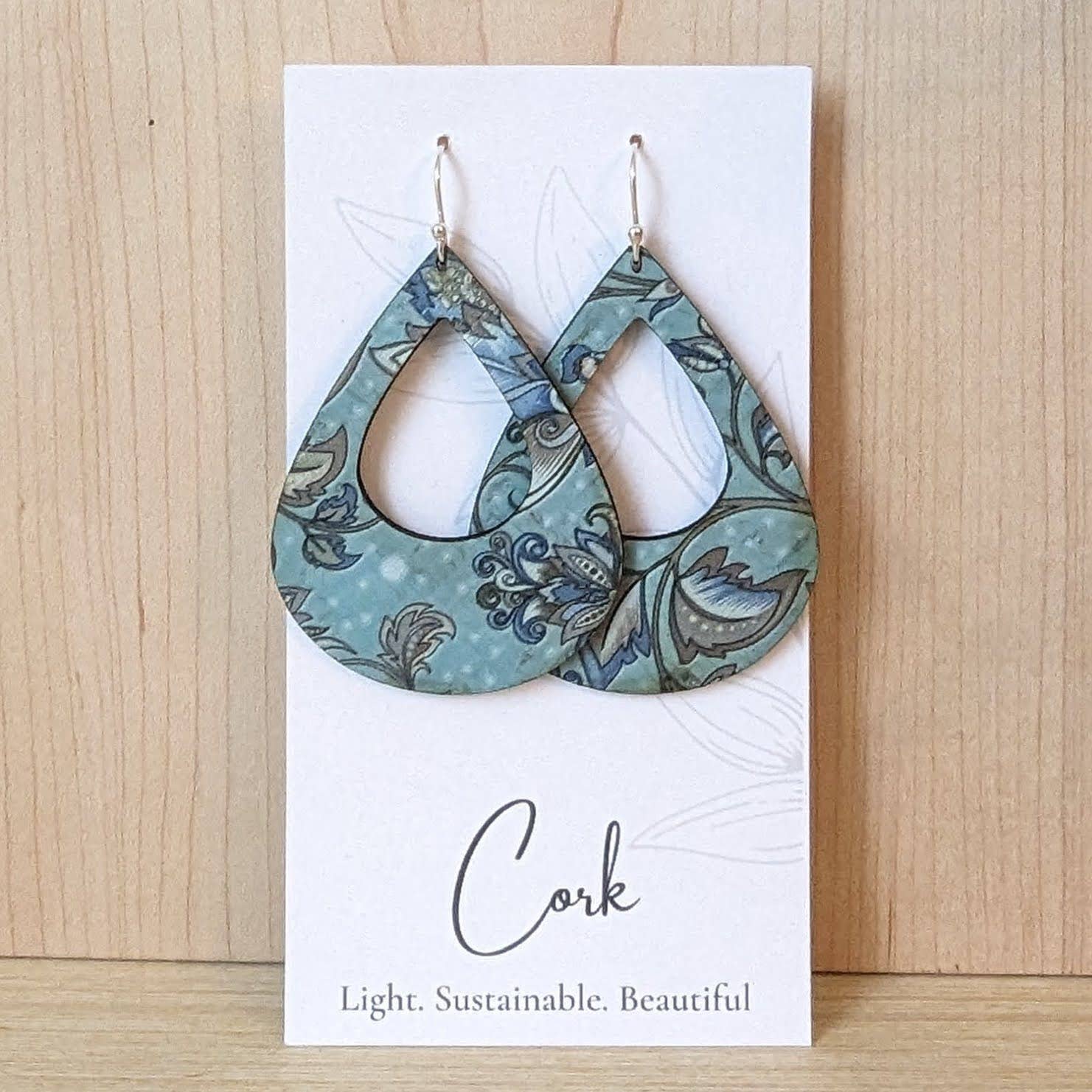 Plum Tree Handmade Goods - Olive and Teal Floral Cork Earrings - Teardrop