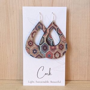 Plum Tree Handmade Goods - Embroidered Hexagons Cork Earrings - Teardrop