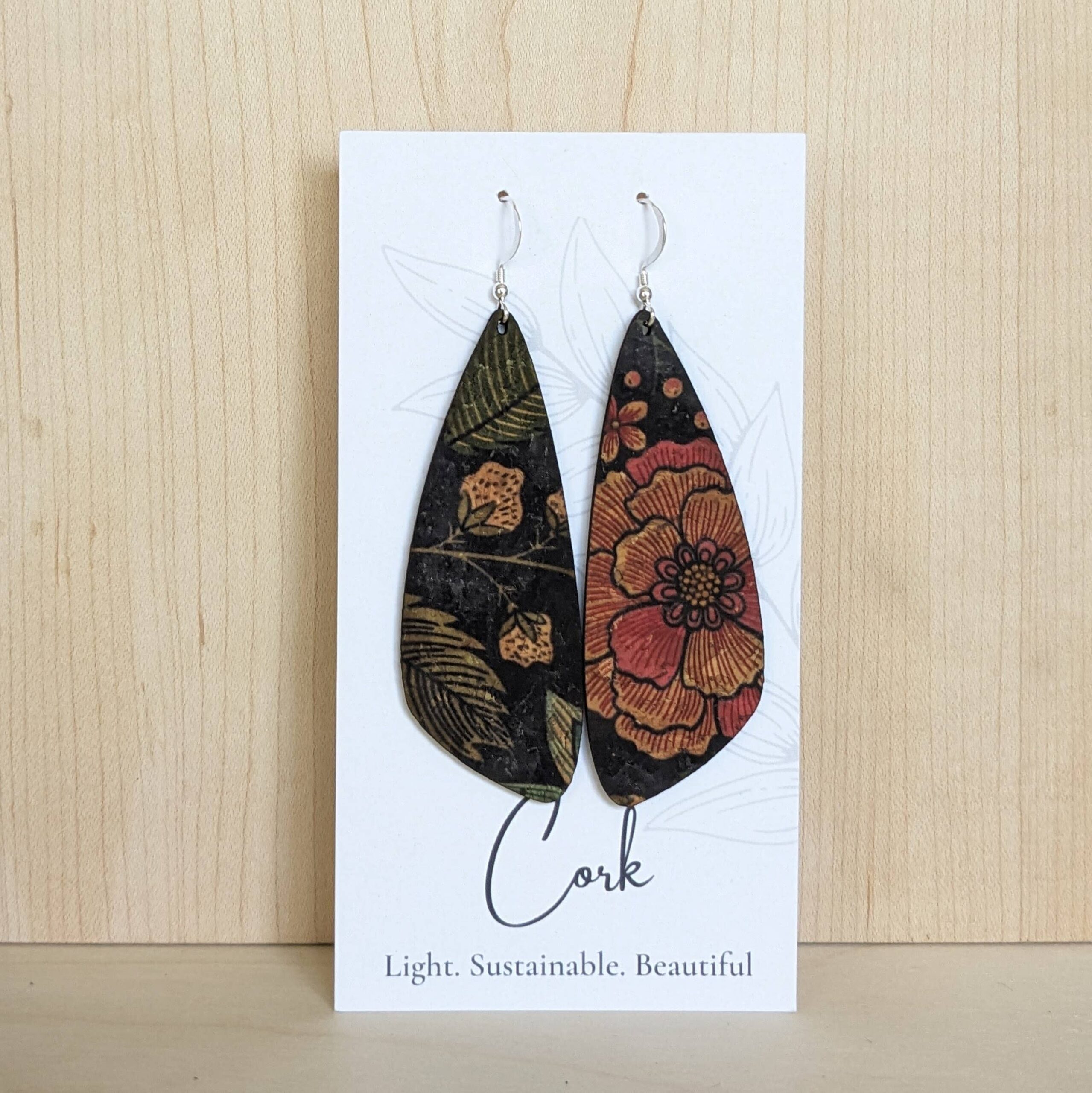 Hello Lovely Cork Co. - Floral on Black Cork Earrings - Large Wing