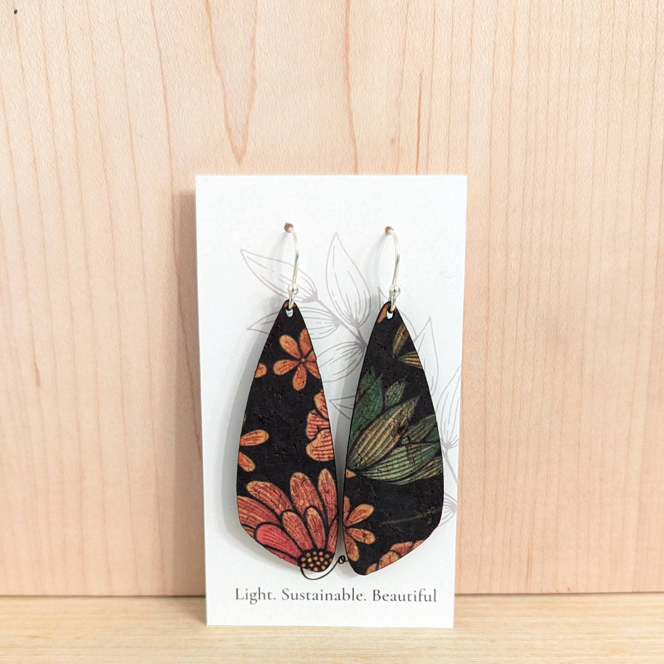 Plum Tree Handmade Goods - Floral on Black Cork Earrings - Small Wing