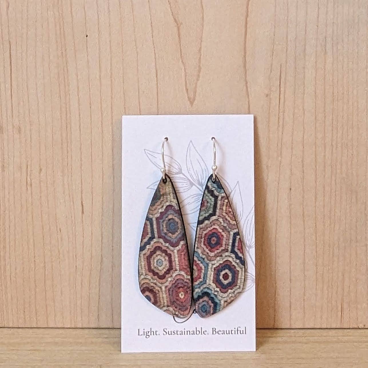 Plum Tree Handmade Goods - Embroidered Hexagons Cork Earrings - Small Wing